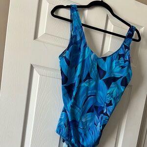 Jantzen Plus Size 24W Blue Tropical One Piece Swimsuit Matching Sarong Cover Up